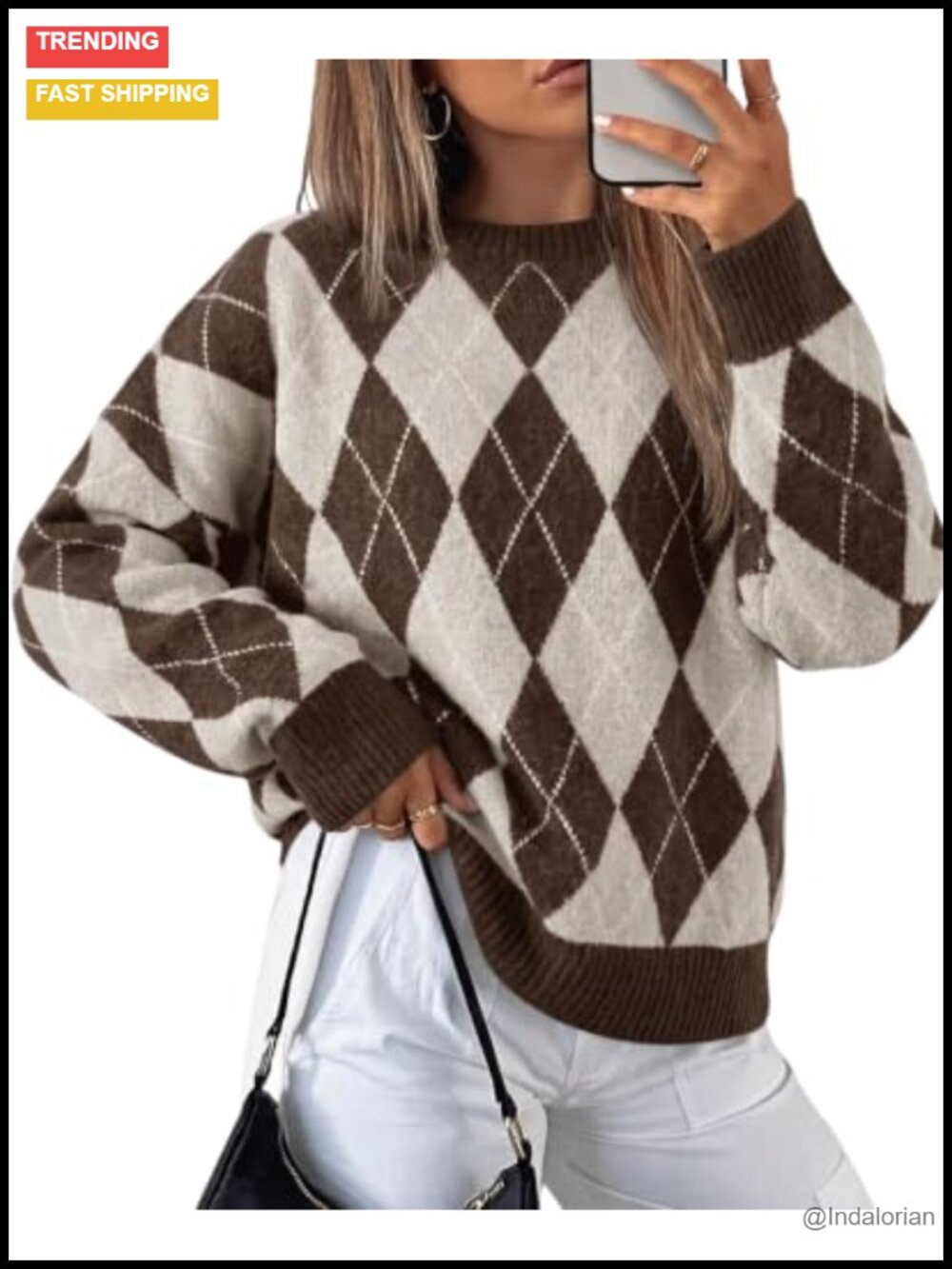 Oversized Argyle Plaid Knit Pullover Sweater Long Sleeve Casual